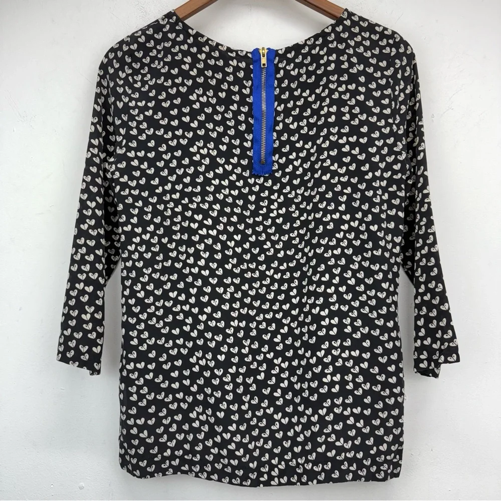 Maeve Anthropologie Sz Small Women’s Black White Linosa Heart Print Silk Blouse